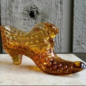 Fenton Art Glass🐱MID CENTURY Amber Hobnail Glass Slipper Shoe with Cat Head